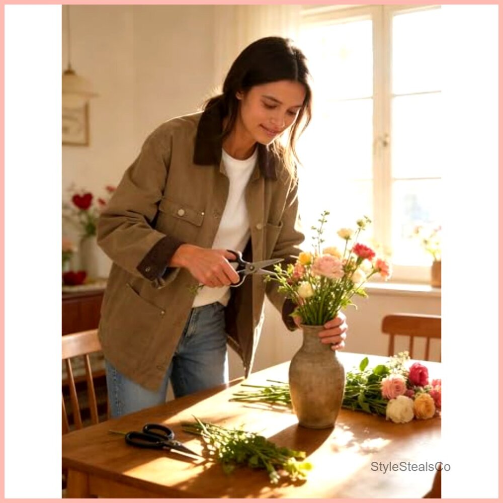 Oversized Cotton Barn Jacket with Corduroy Collar and Pockets - Picture 7 of 7